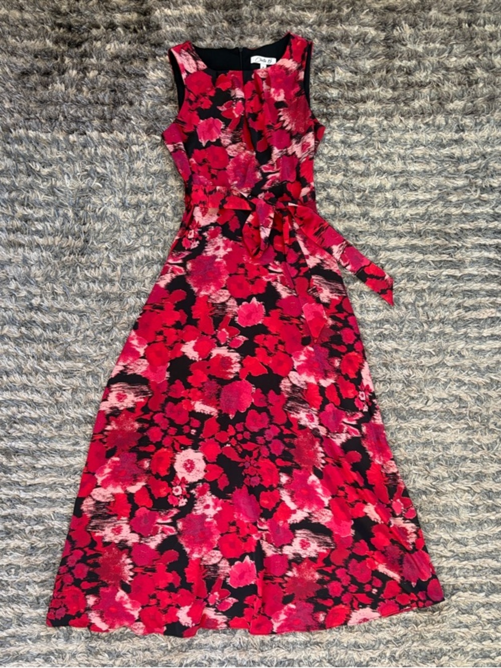 Chetta B Red and Pink Floral Maxi Dress with Waist Tie Size M